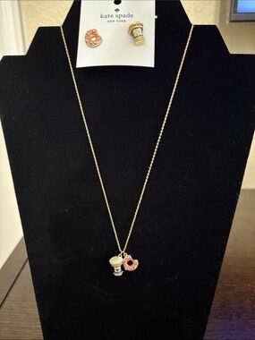 kate spade Gold Necklace and Earrywith Pink Donut and White Cup Charms